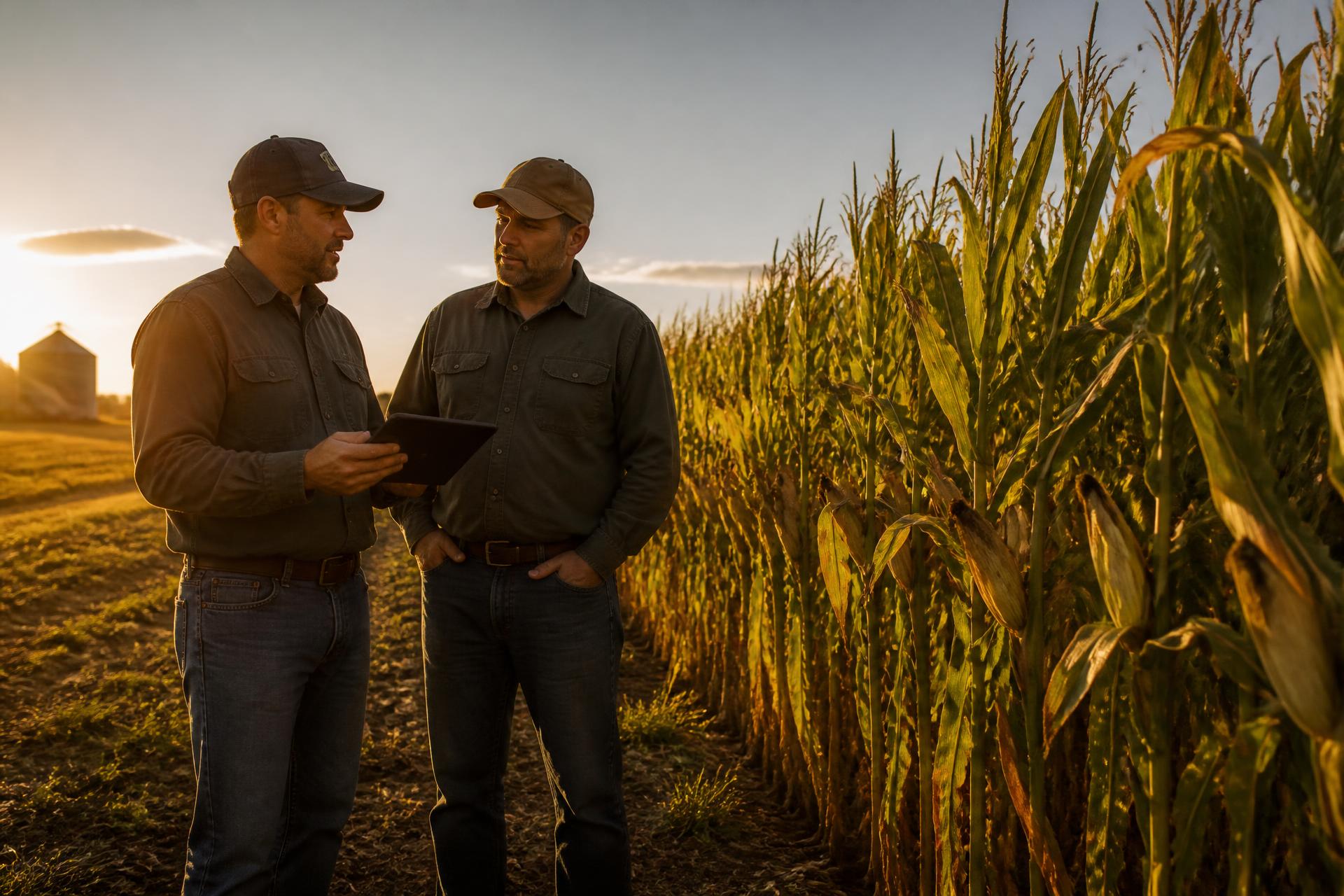 Two growers talking at the edge of a mature cornfield in late-day light